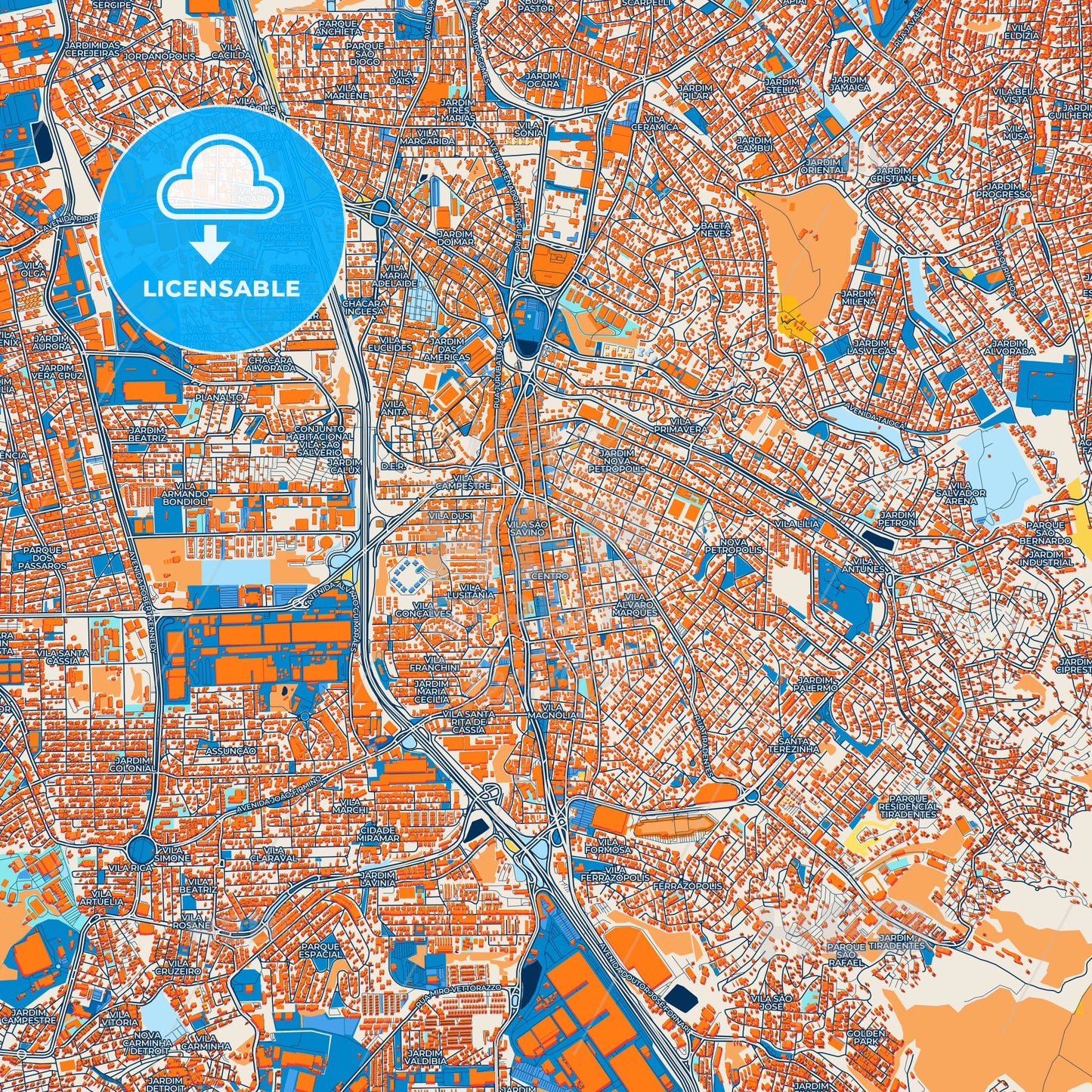 Colorful Sao Bernardo do Campo Street Map with Labels and Buildings