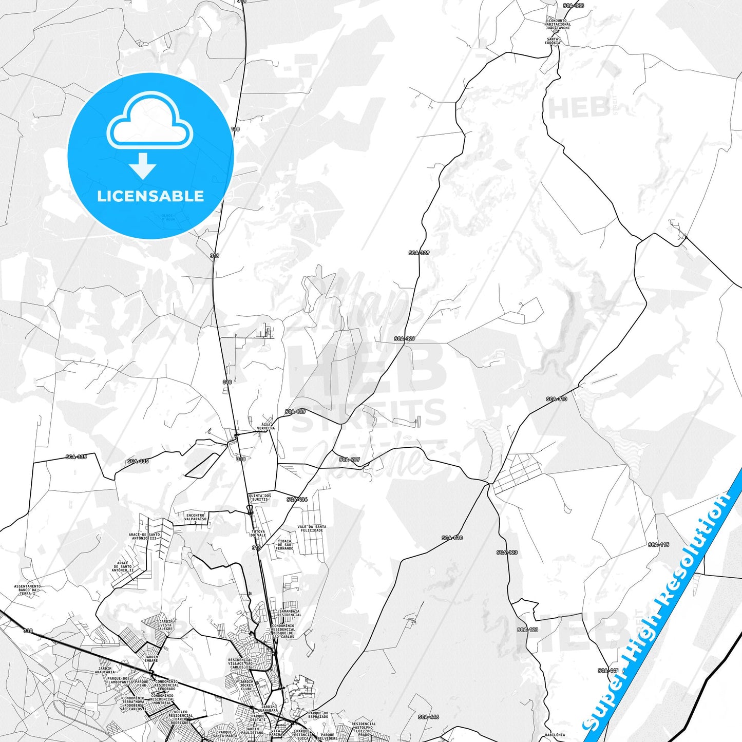 Sao Carlos, Brazil light map with streetnames, citynames and districts