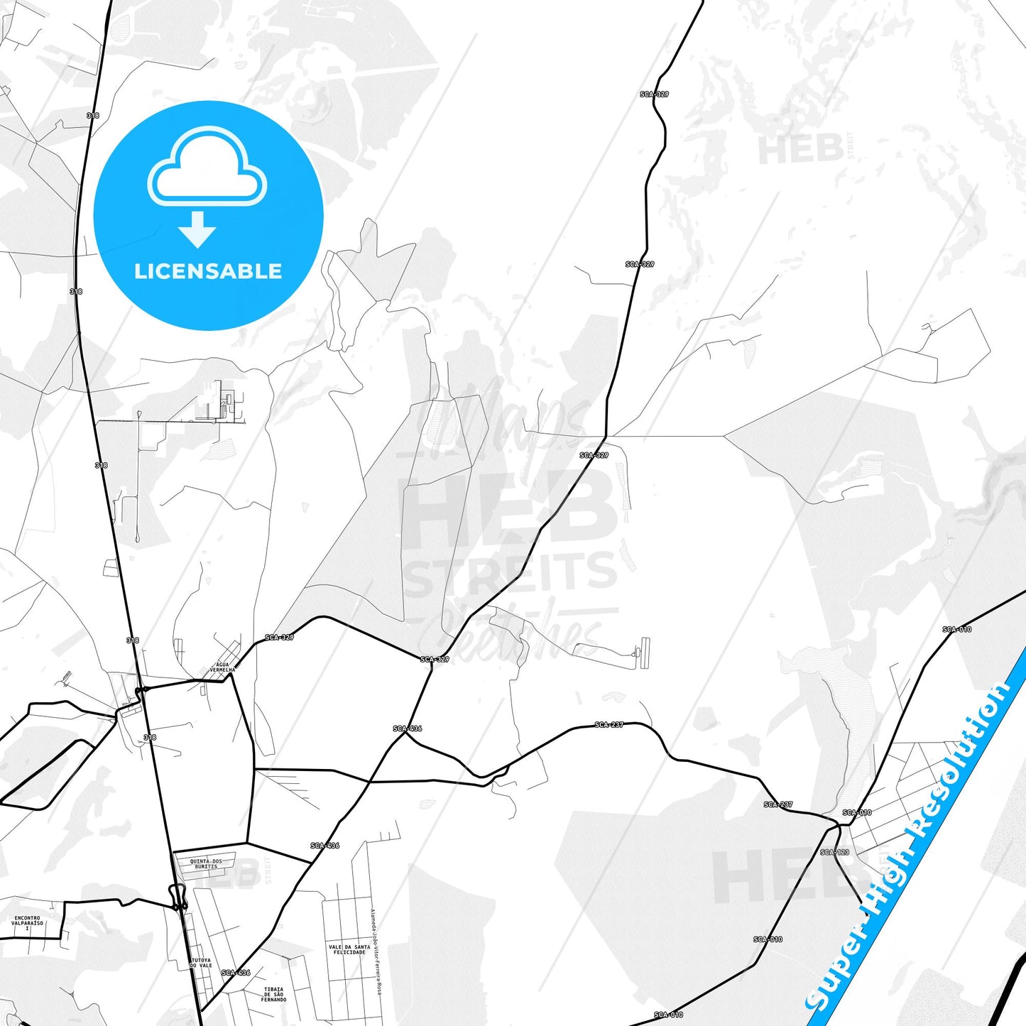 Sao Carlos, Brazil Light Map with Street Names, City Names, and Districts
