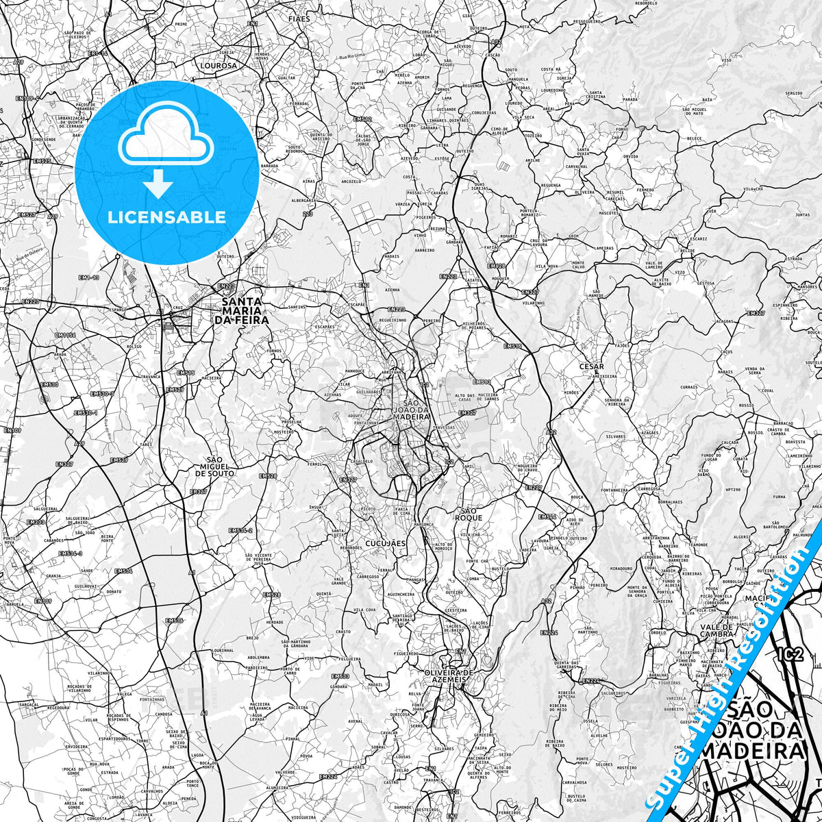 São João da Madeira, Portugal light map with streetnames, citynames and districts