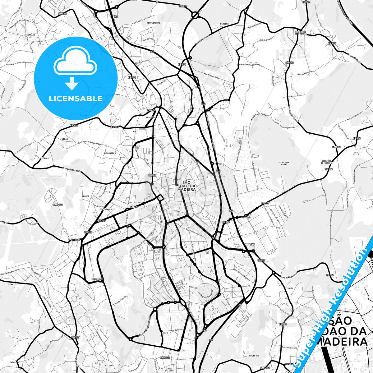 São João da Madeira, Portugal Light Map with Street Names, City Names, and Districts