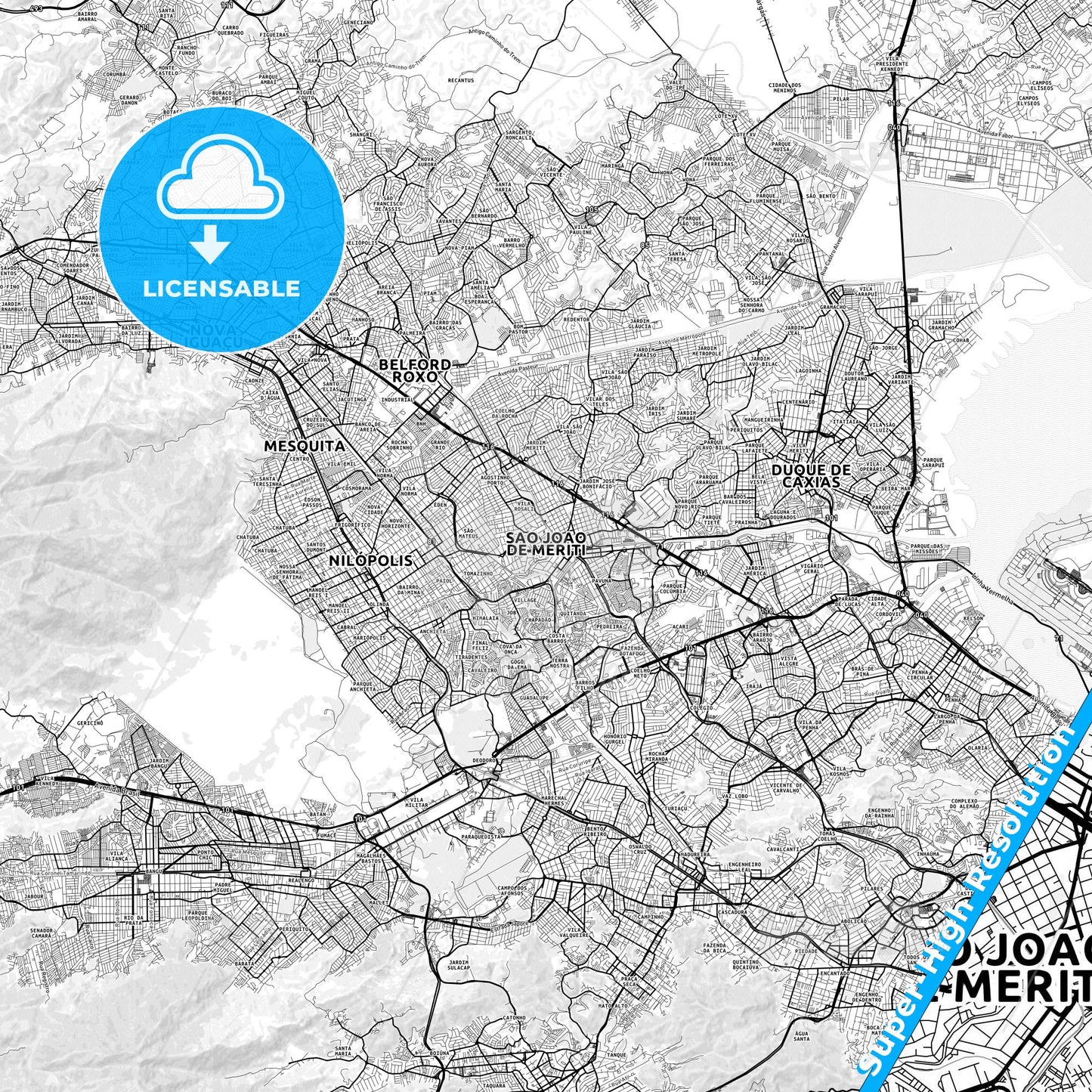 Sao Joao de Meriti, Brazil light map with streetnames, citynames and districts