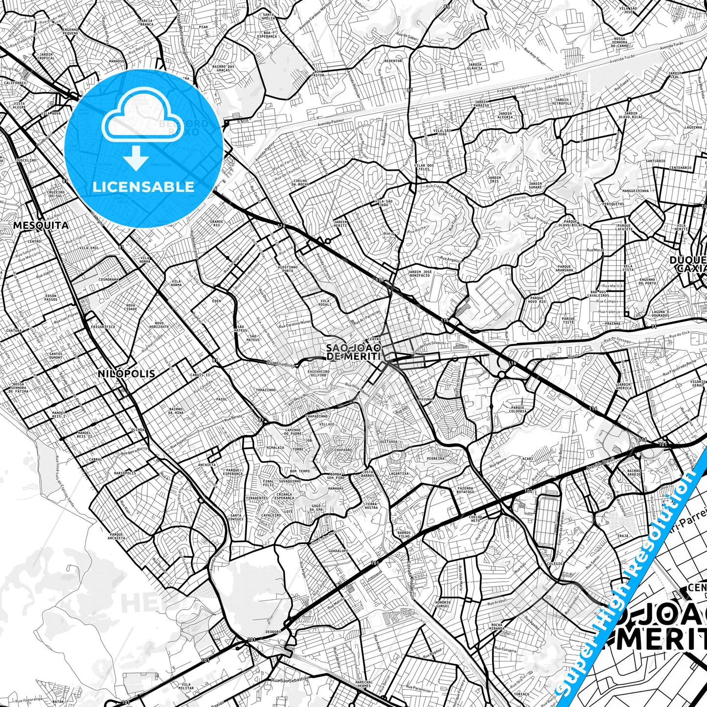 Sao Joao de Meriti, Brazil Light Map with Street Names, City Names, and Districts