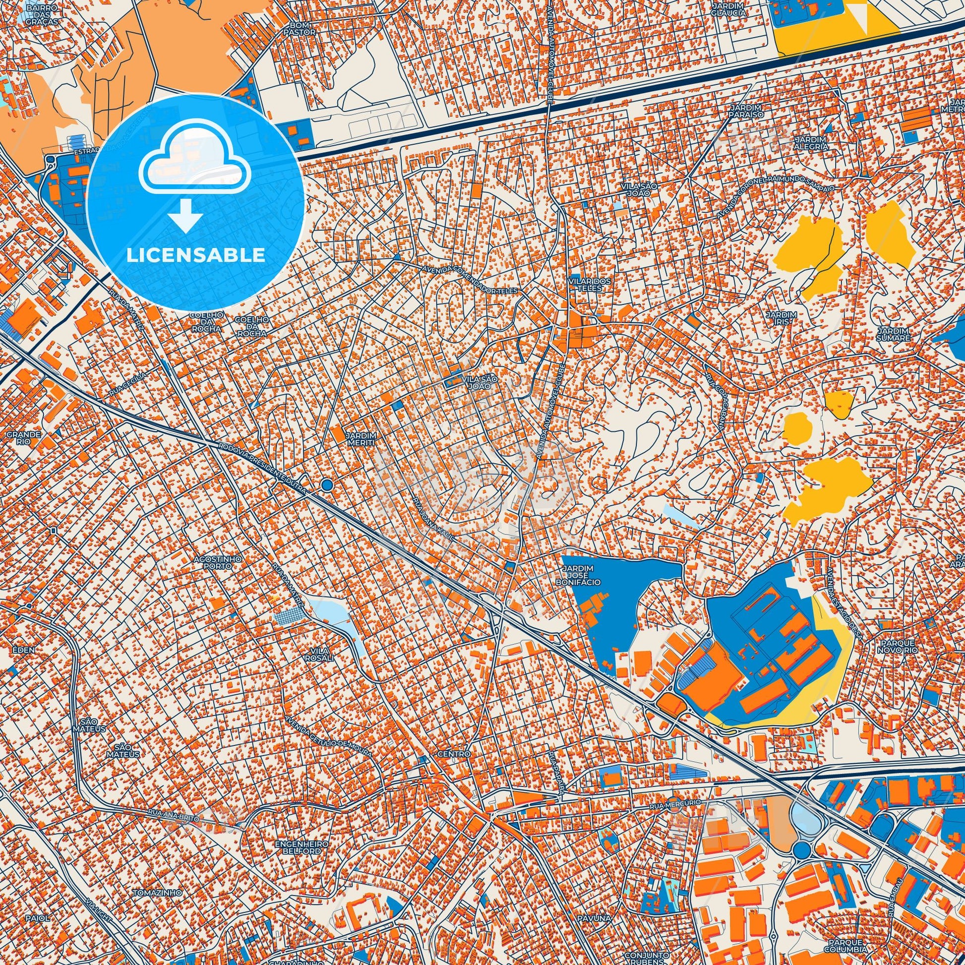 Colorful Sao Joao de Meriti Street Map with Labels and Buildings