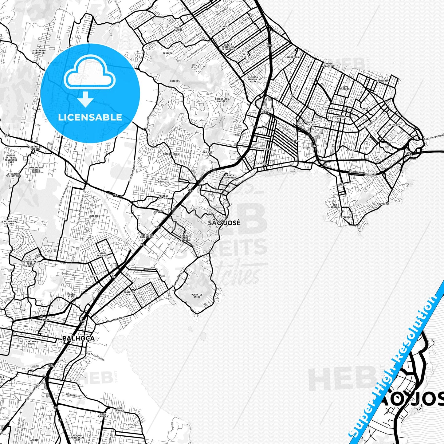 Sao Jose, Brazil Light Map with Street Names, City Names, and Districts