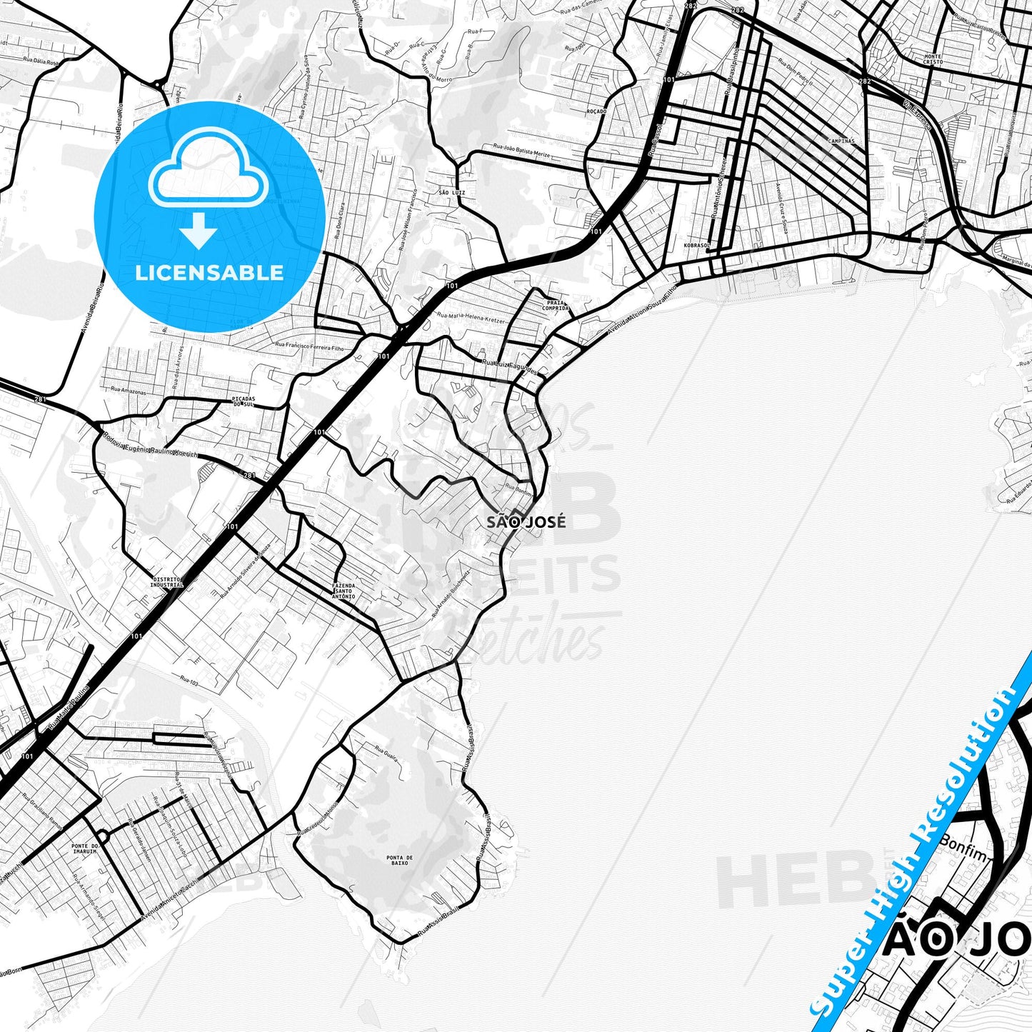 Sao Jose, Brazil Light Map with Street Names, City Names, and Districts