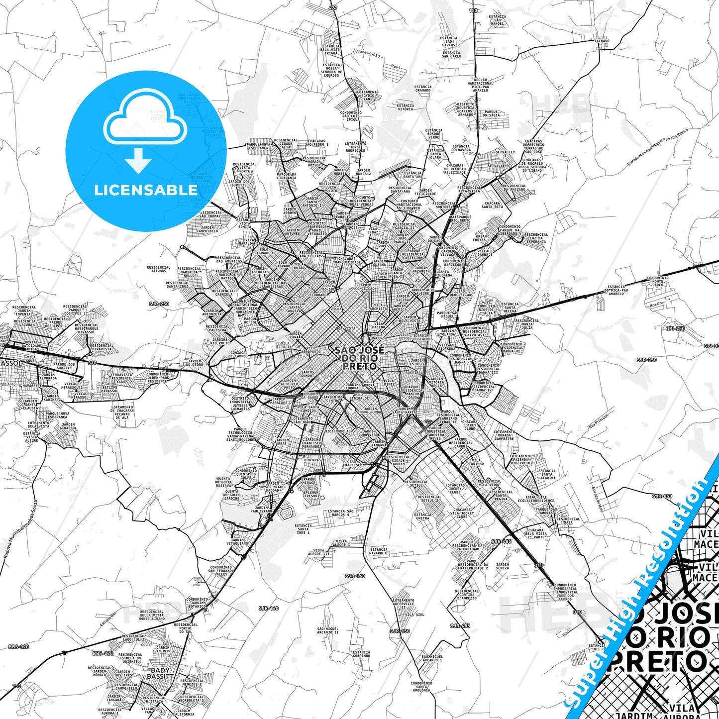Sao Jose do Rio Preto, Brazil light map with streetnames, citynames and districts