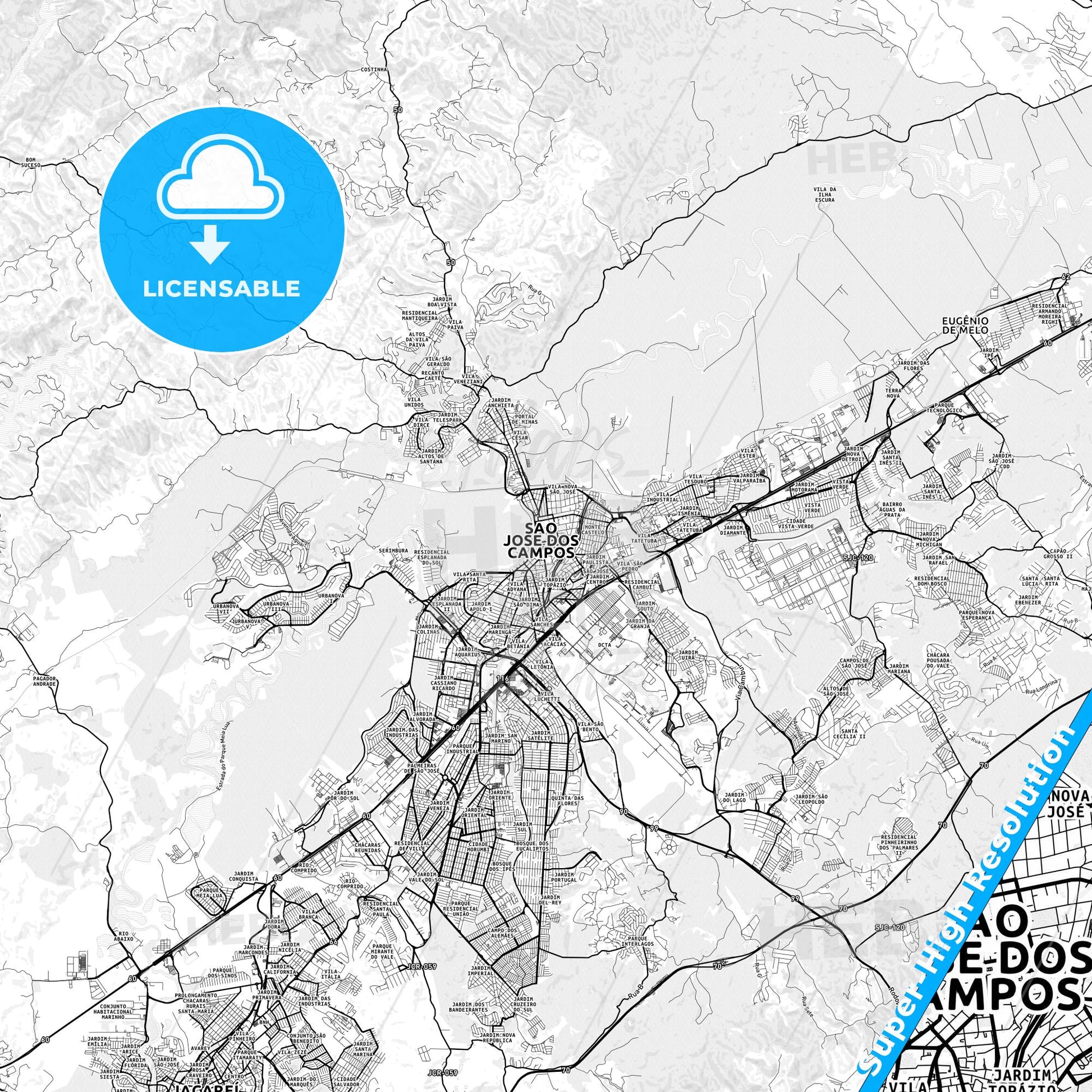 Sao Jose dos Campos, Brazil light map with streetnames, citynames and districts