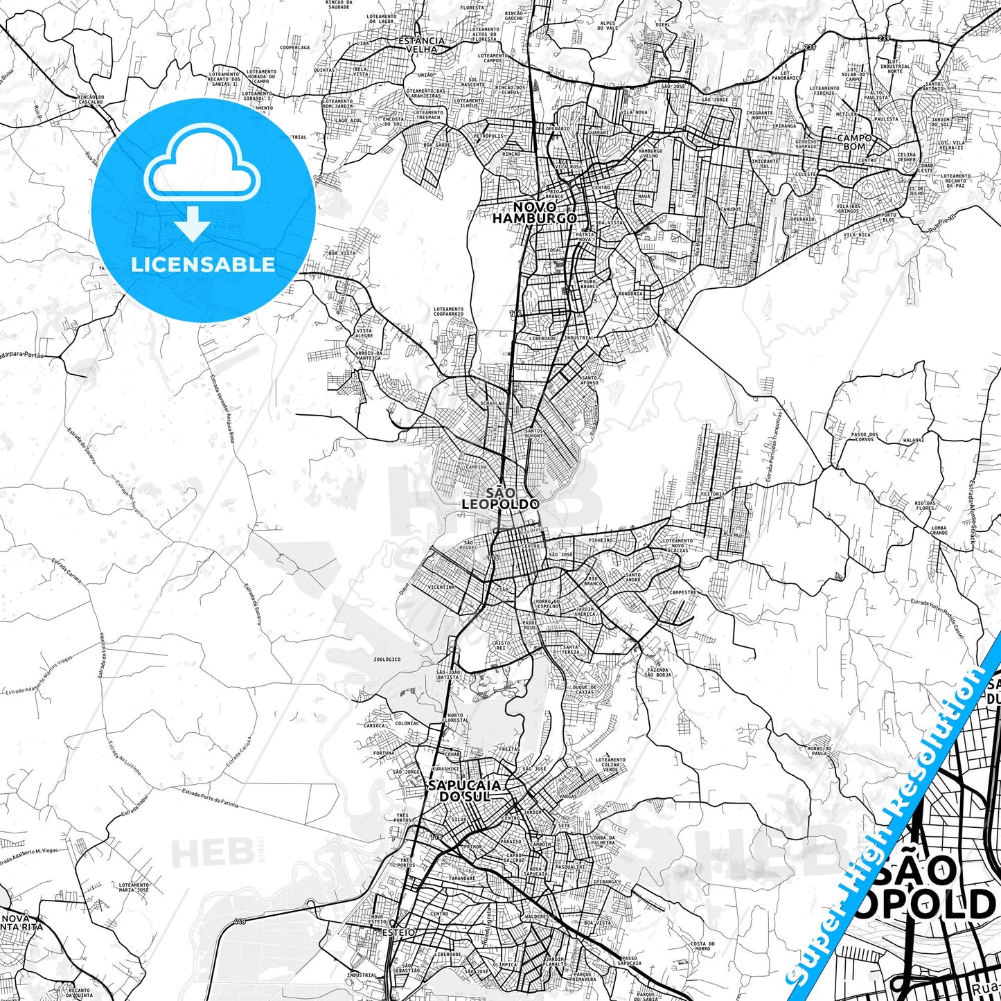 Sao Leopoldo, Brazil light map with streetnames, citynames and districts