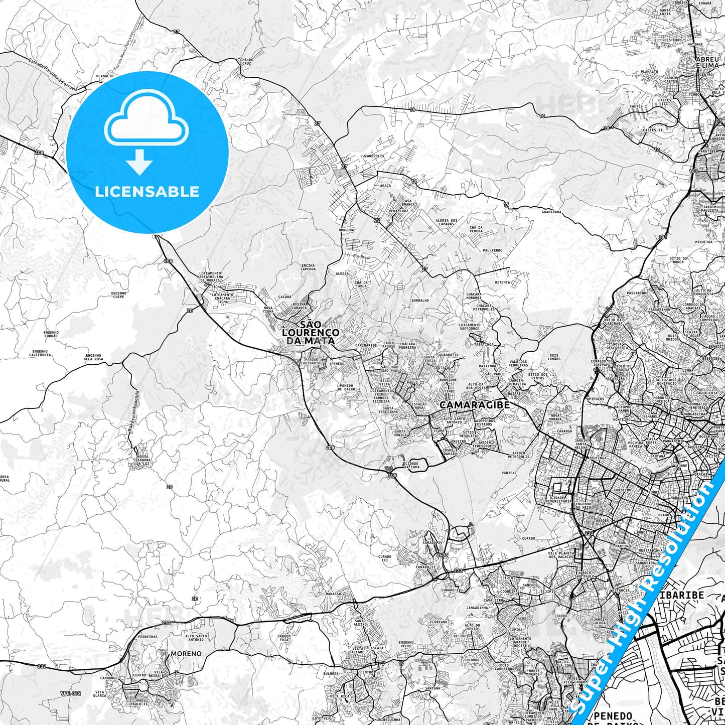 Sao Lourenco da Mata, Brazil light map with streetnames, citynames and districts