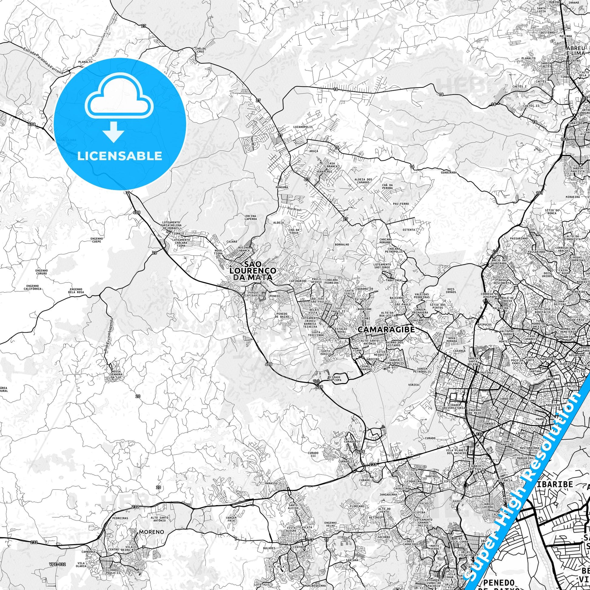 Sao Lourenco da Mata, Brazil light map with streetnames, citynames and districts