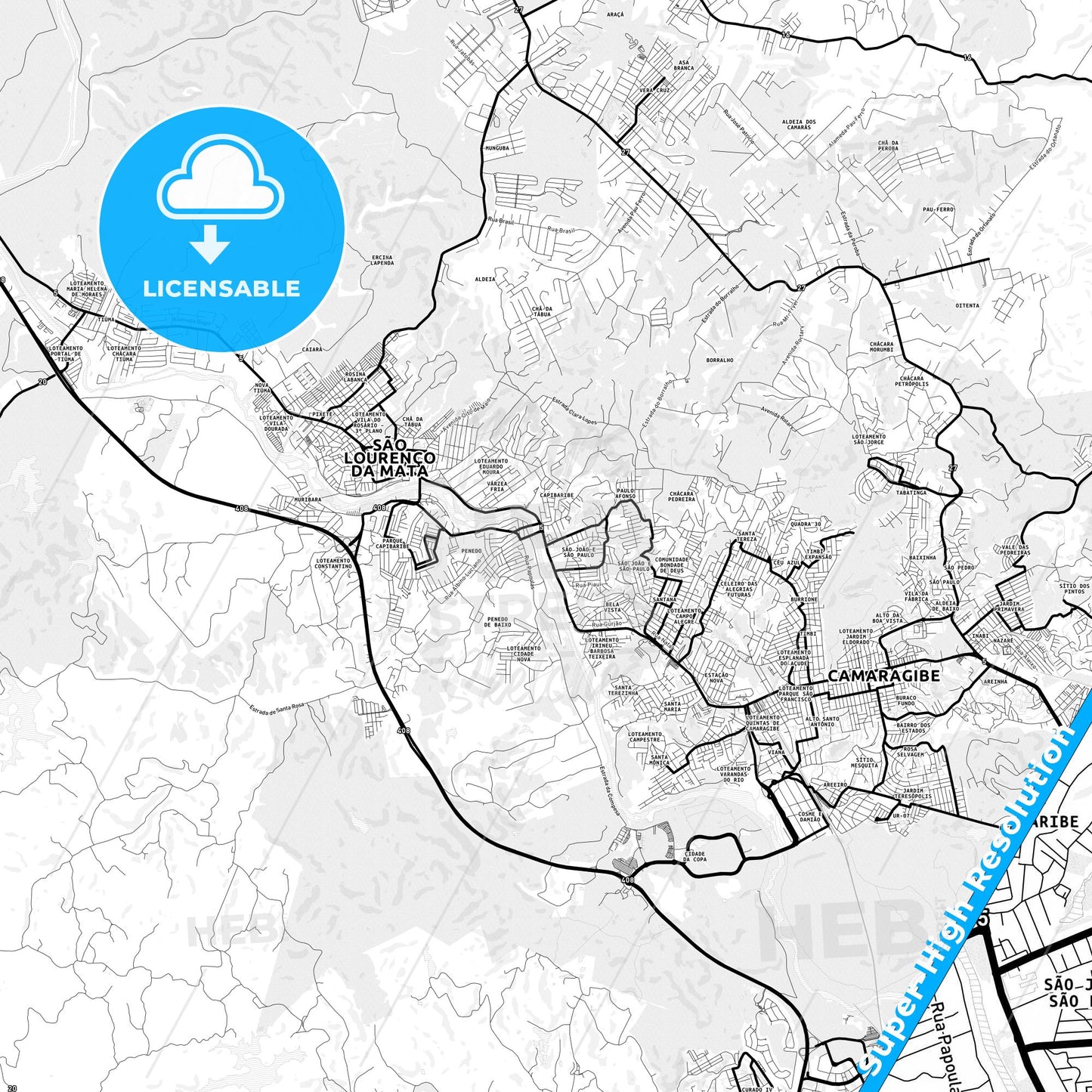 Sao Lourenco da Mata, Brazil Light Map with Street Names, City Names, and Districts