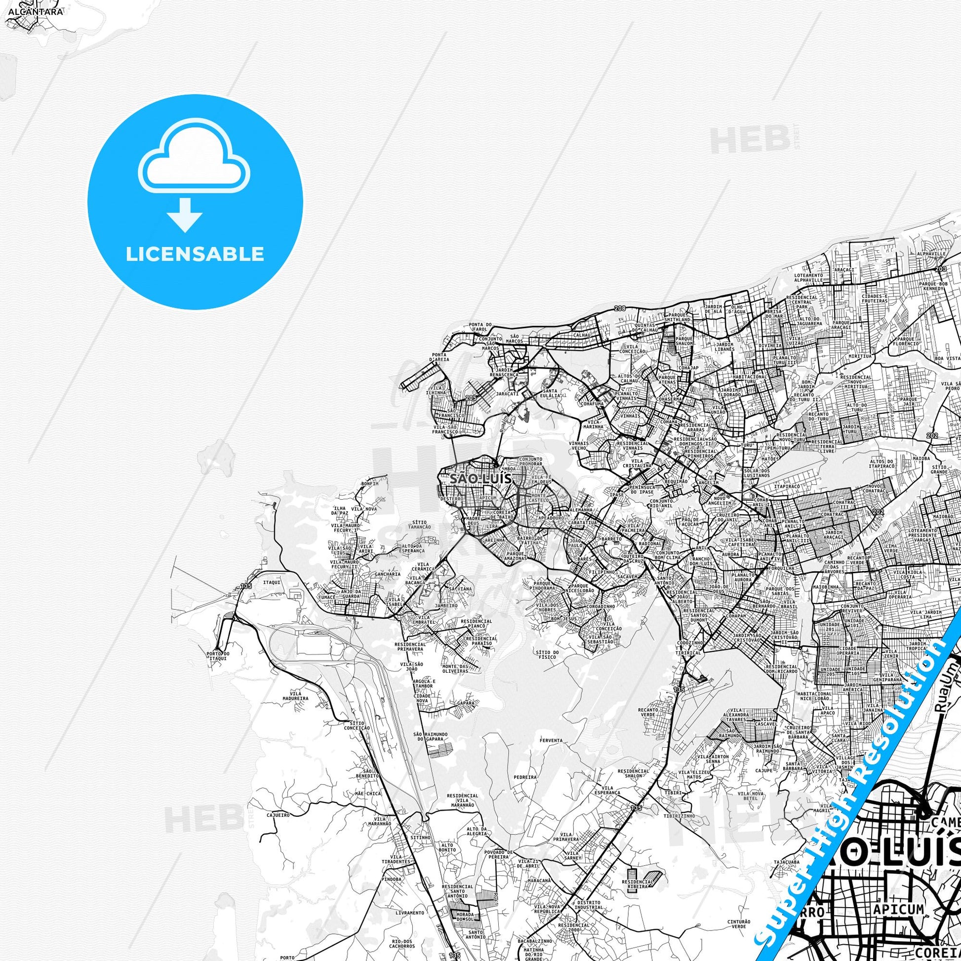 Sao Luis, Brazil light map with streetnames, citynames and districts