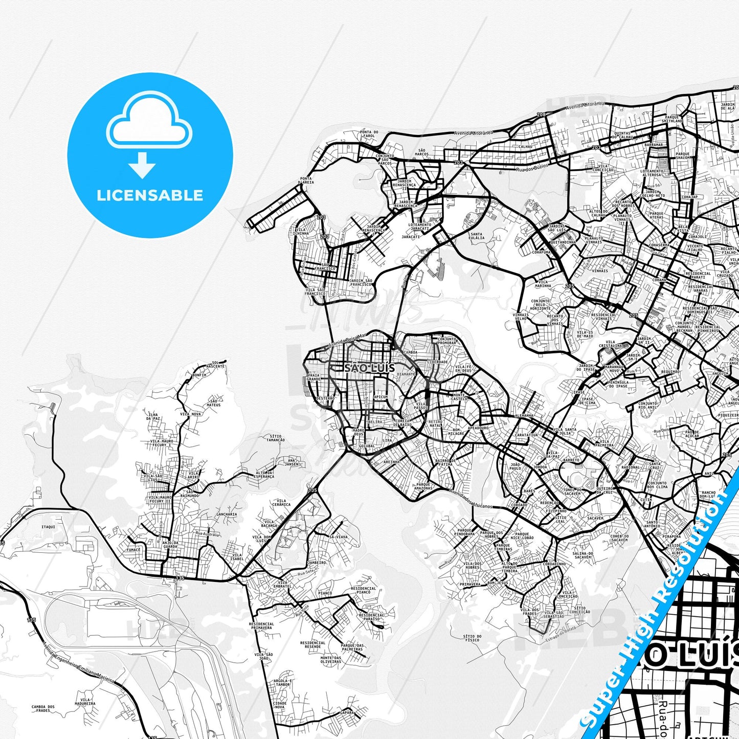 Sao Luis, Brazil Light Map with Street Names, City Names, and Districts
