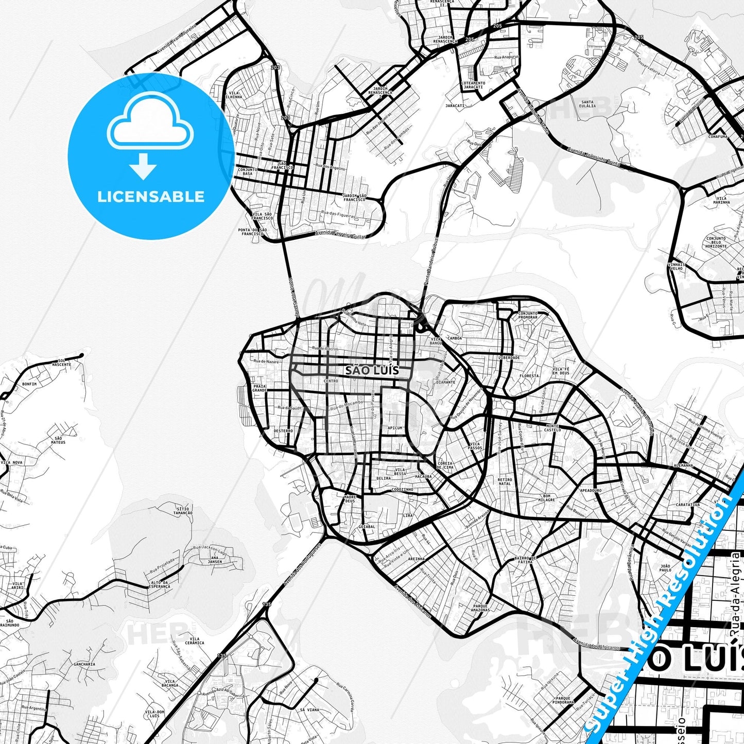 Sao Luis, Brazil Light Map with Street Names, City Names, and Districts