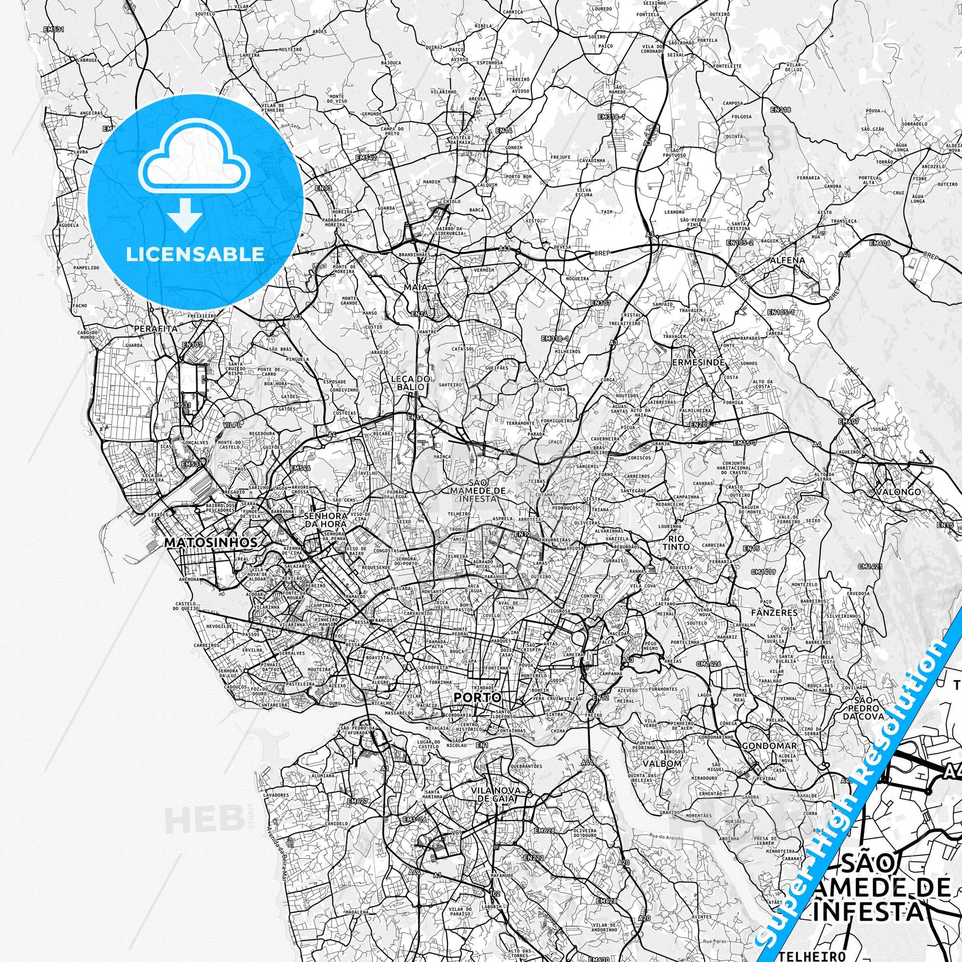 São Mamede de Infesta, Portugal light map with streetnames, citynames and districts