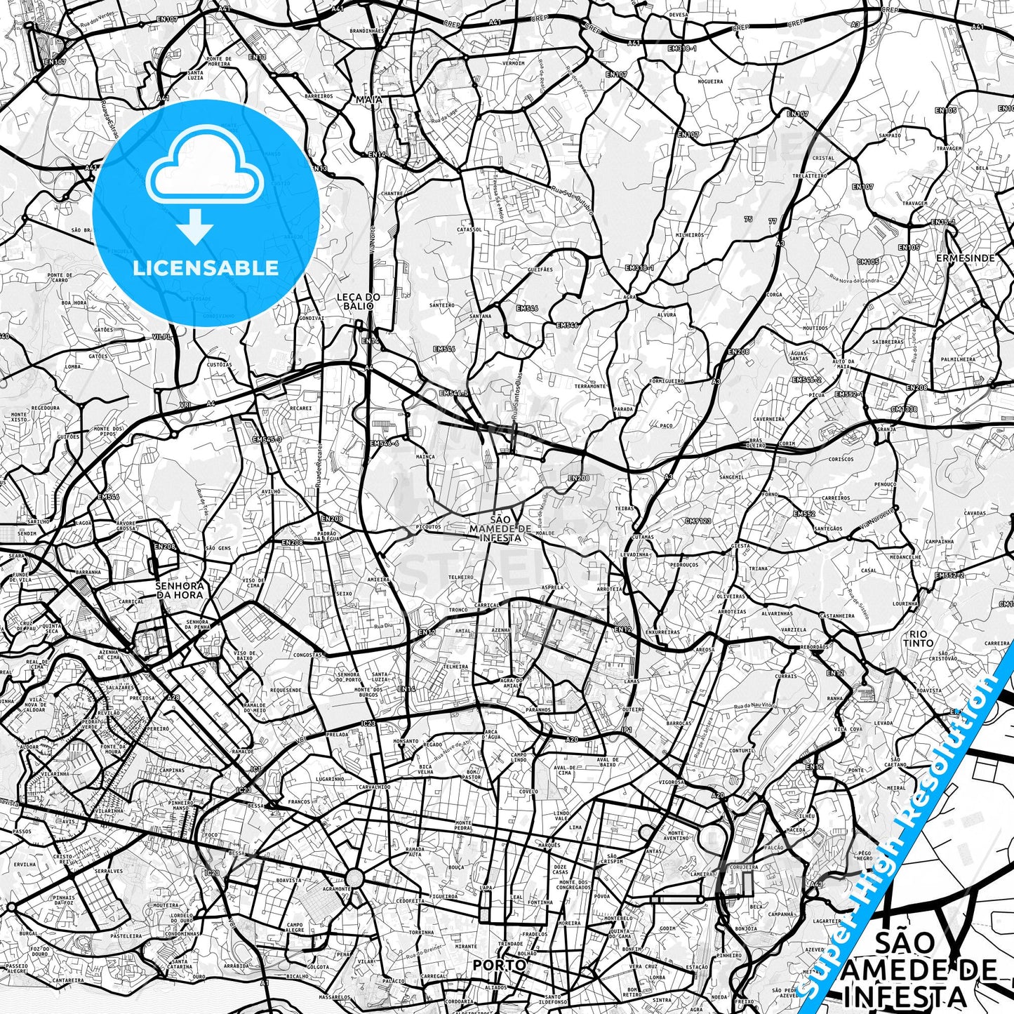 São Mamede de Infesta, Portugal Light Map with Street Names, City Names, and Districts
