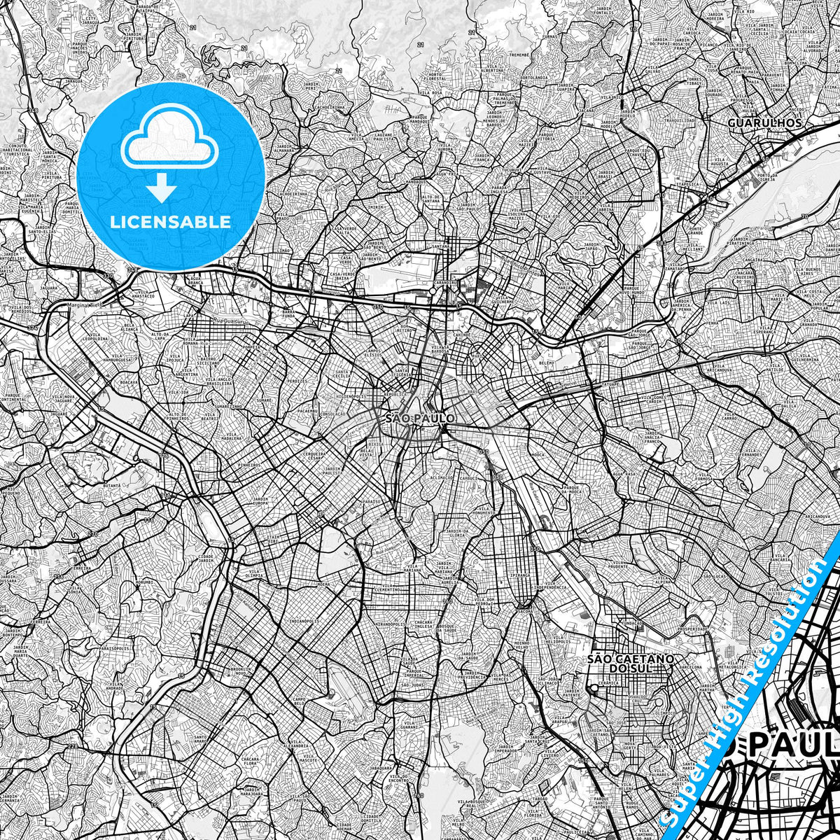 Sao Paulo, Brazil light map with streetnames, citynames and districts