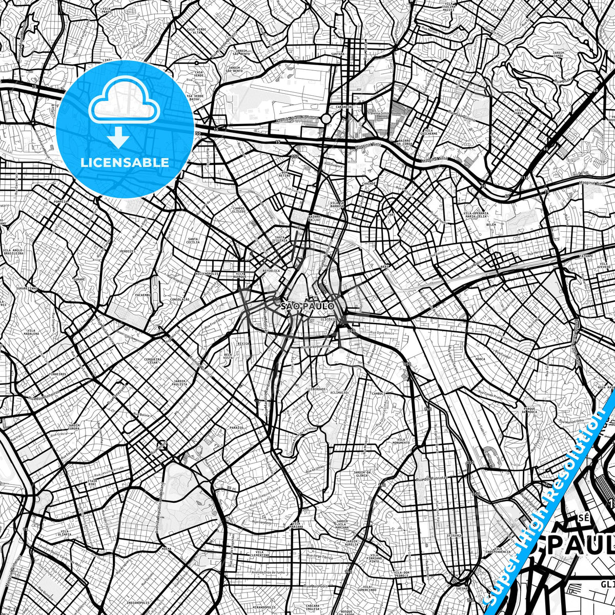 Sao Paulo, Brazil Light Map with Street Names, City Names, and Districts
