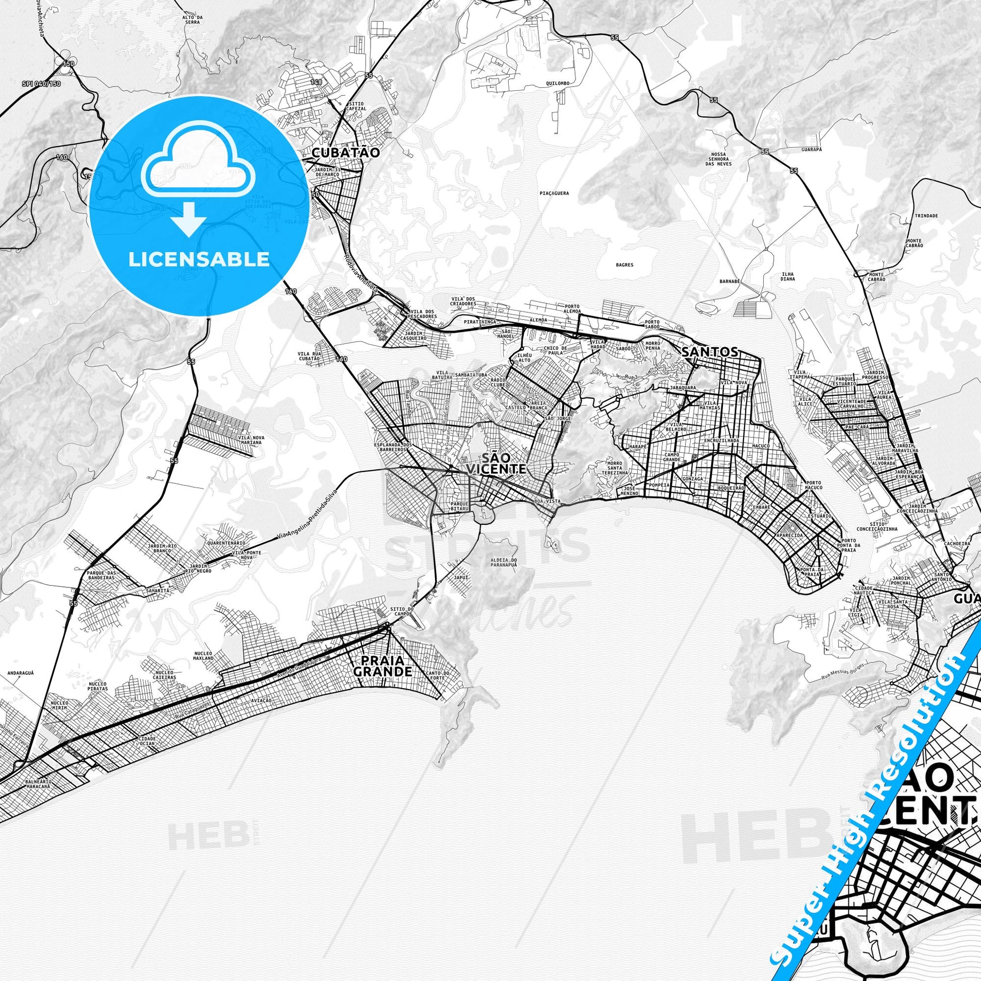 Sao Vicente, Brazil light map with streetnames, citynames and districts