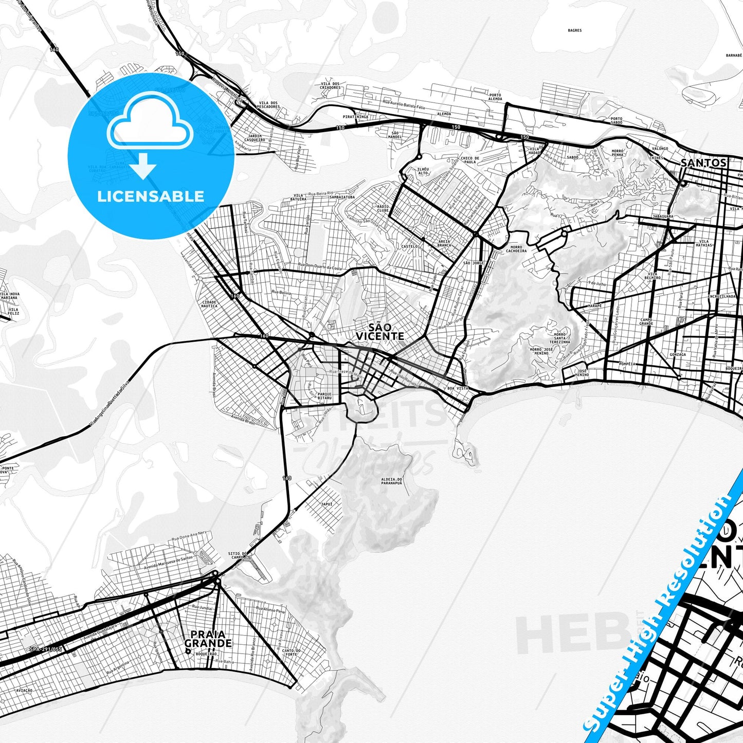 Sao Vicente, Brazil Light Map with Street Names, City Names, and Districts