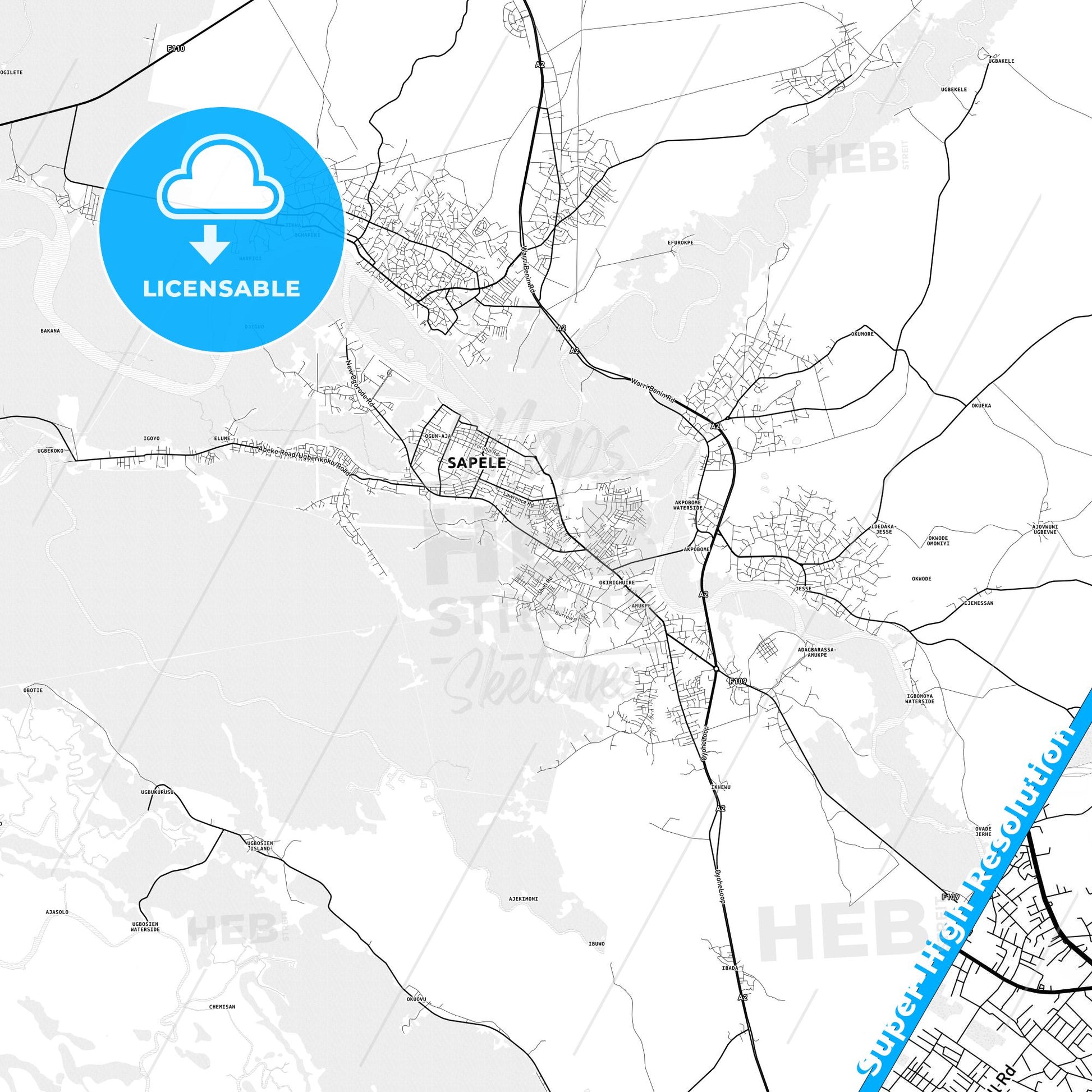 Sapele, Nigeria light map with streetnames, citynames and districts
