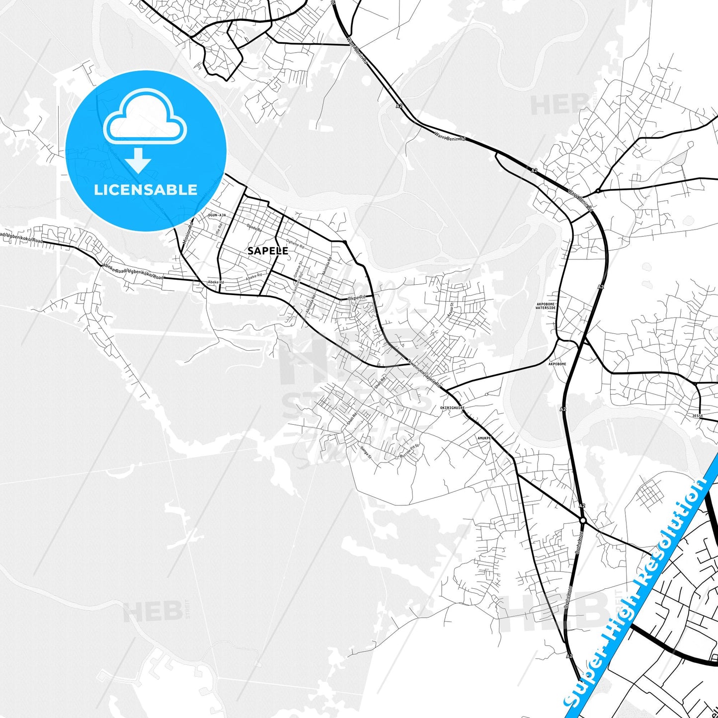 Sapele, Nigeria Light Map with Street Names, City Names, and Districts