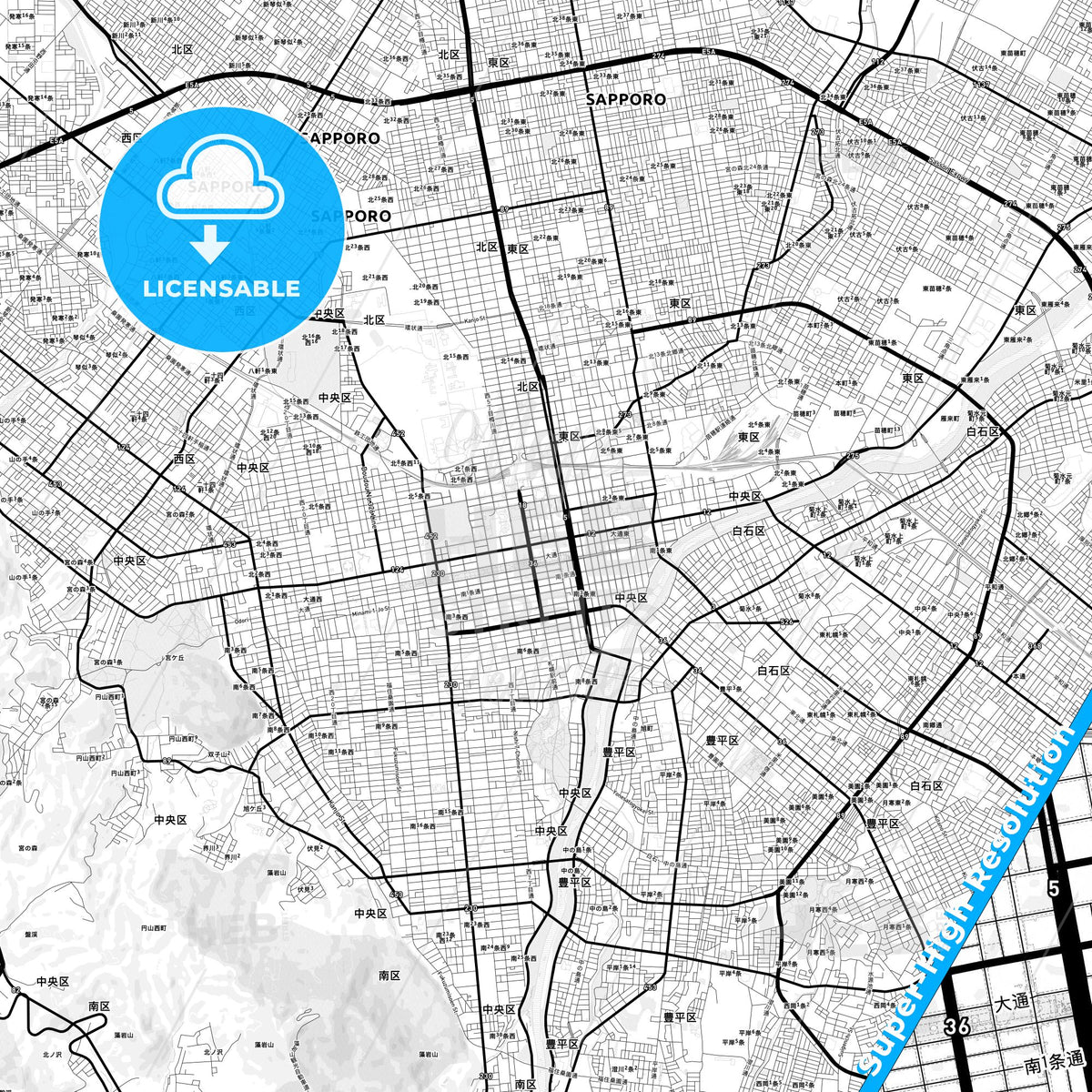 Sapporo, Japan Light Map with Street Names, City Names, and Districts
