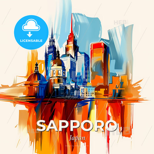 Vibrant Sapporo, Japan - A Colorful Cityscape With Buildings And A Reflection - Square format print template
