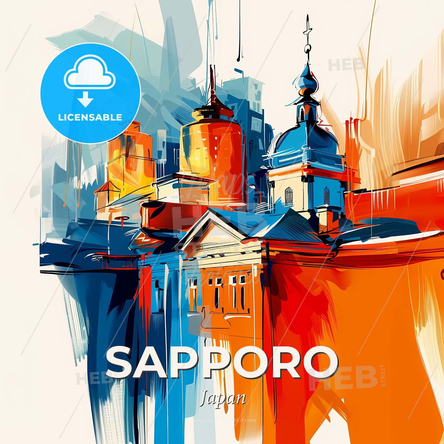 Vibrant Sapporo, Japan - A Painting Of A Building - Square format print template