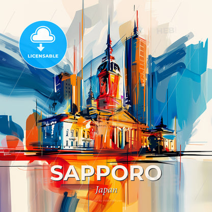 Vibrant Sapporo, Japan - A Painting Of A Building With A Tower And Towers - Square format print template