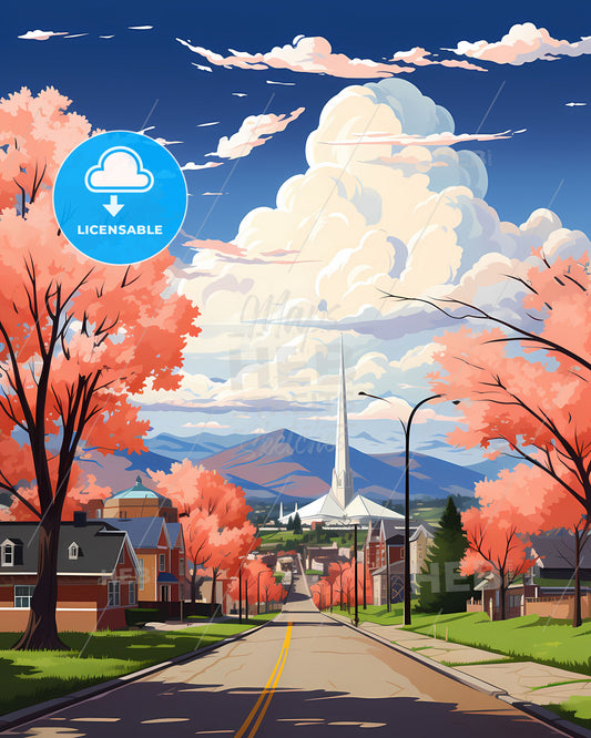 Vibrant Hand-Painted Sapporo Skyline Depicting Pink Trees and a Tower Backdrop