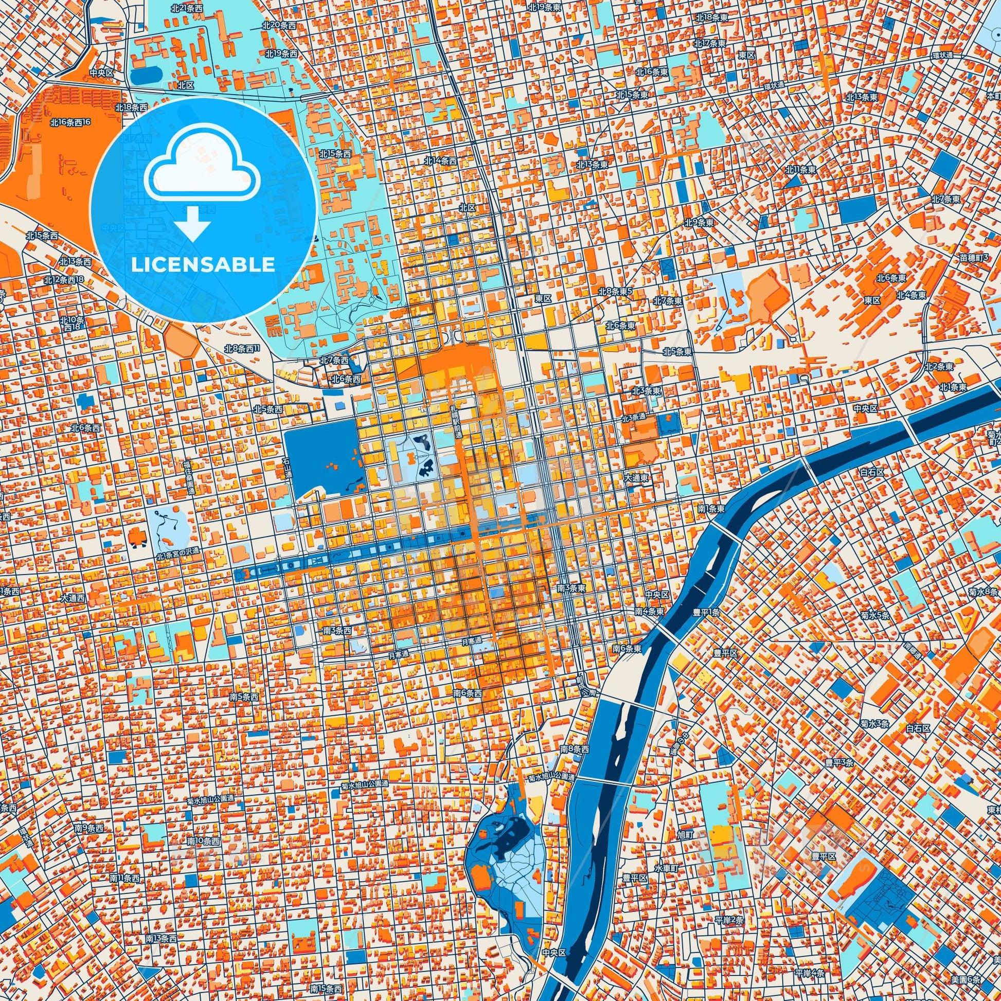 Colorful Sapporo Street Map with Labels and Buildings
