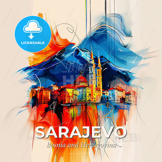 Vibrant Sarajevo, Bosnia And Herzegovina - A Painting Of A City And Mountains - Square format print template