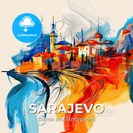 Vibrant Sarajevo, Bosnia And Herzegovina - A Painting Of A City - Square format print template