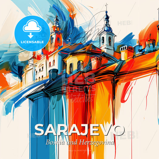 Vibrant Sarajevo, Bosnia And Herzegovina - A Colorful Painting Of A Building - Square format print template