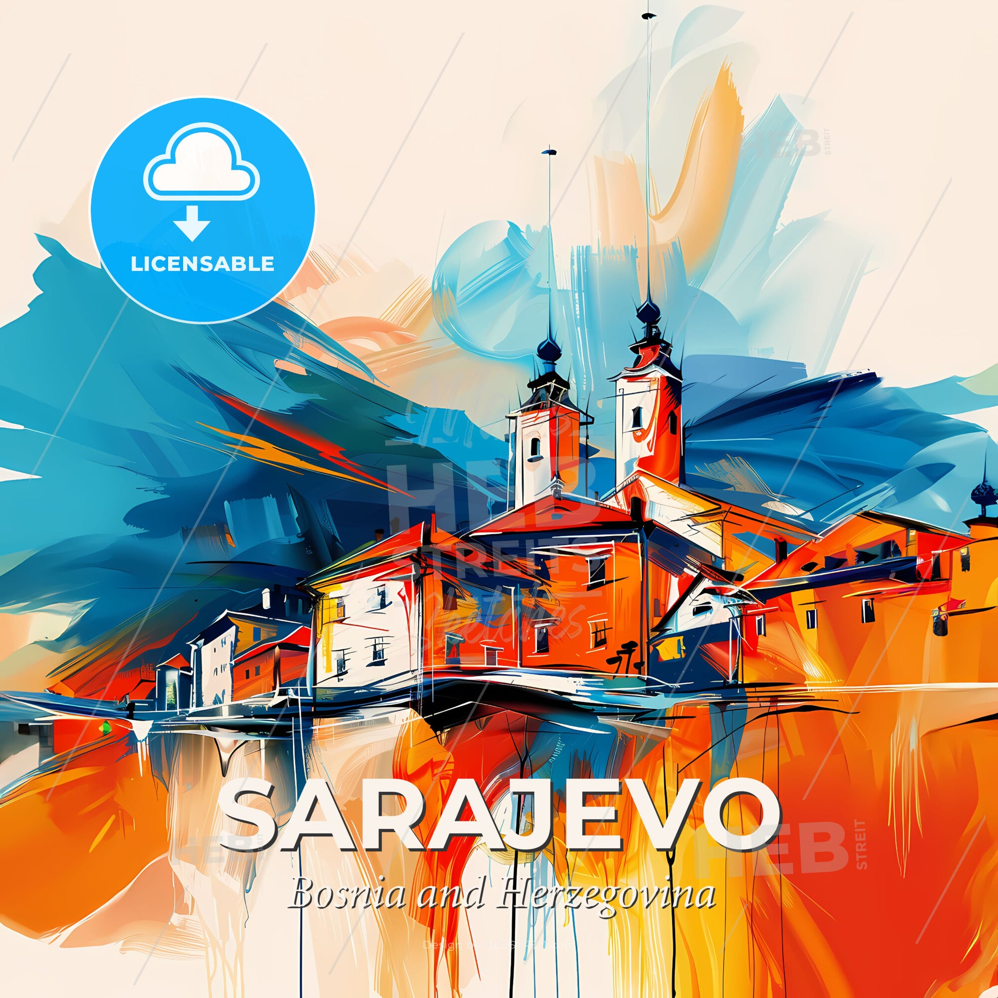 Vibrant Sarajevo, Bosnia And Herzegovina - A Painting Of A Town - Square format print template