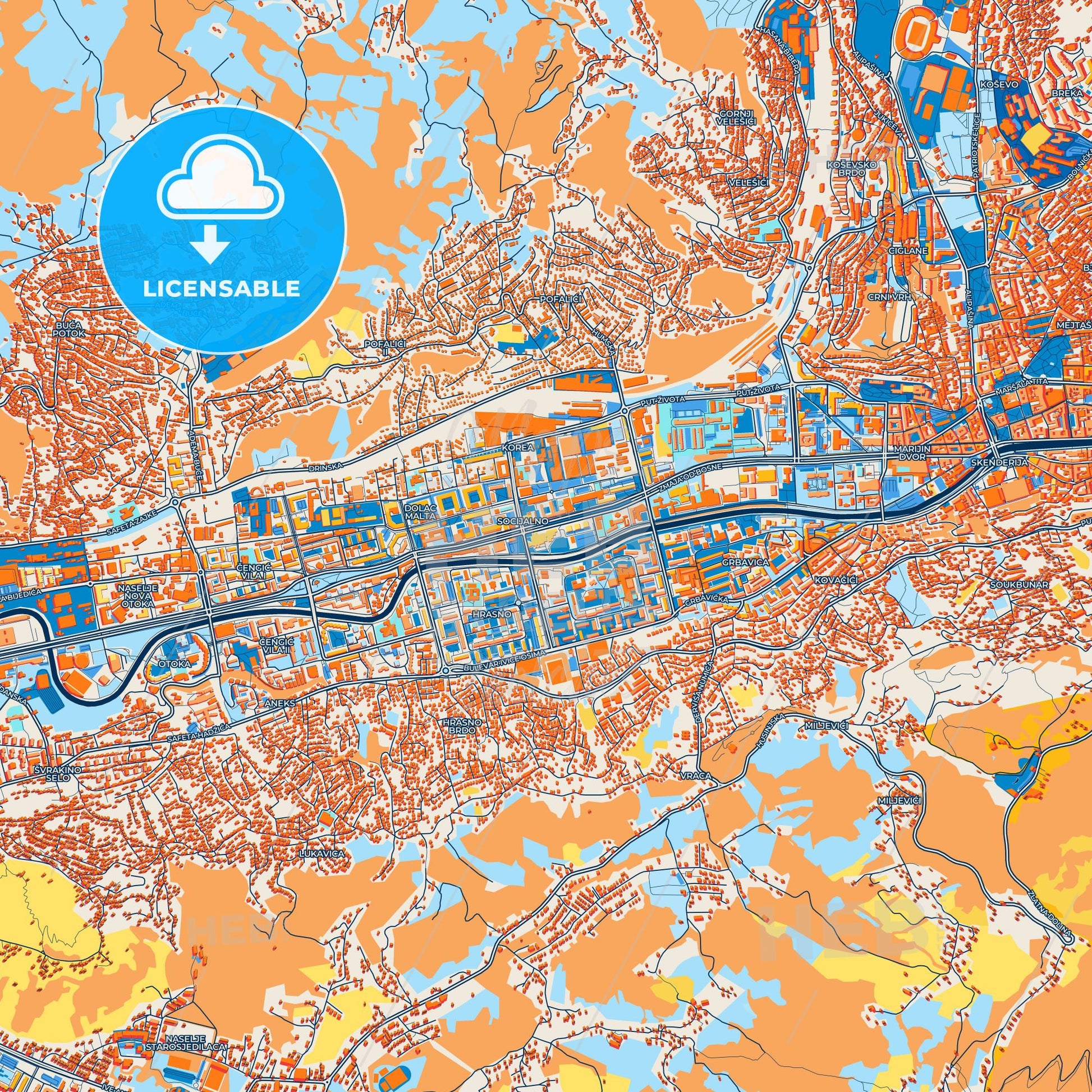 Colorful Sarajevo Street Map with Labels and Buildings