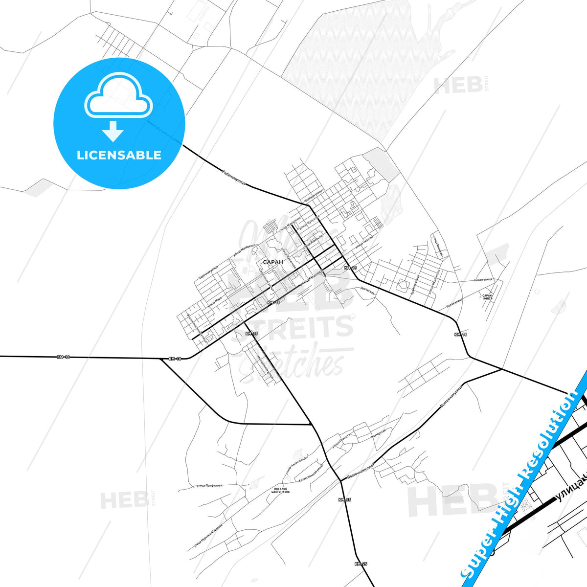 Saran, Kazakhstan Light Map with Street Names, City Names, and Districts