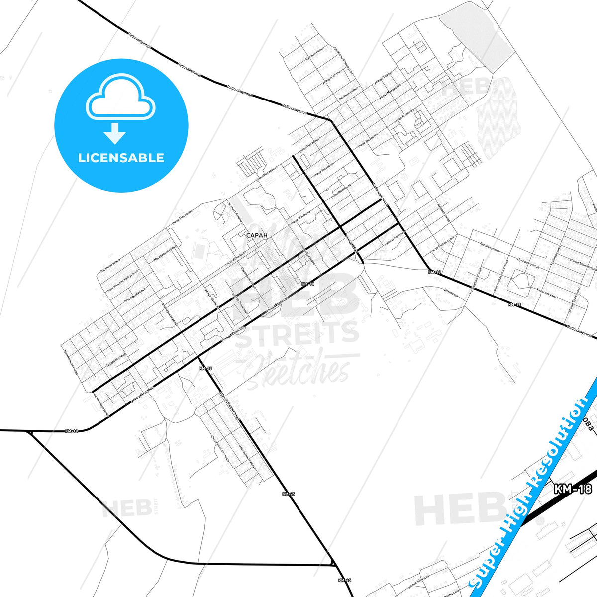 Saran, Kazakhstan Light Map with Street Names, City Names, and Districts