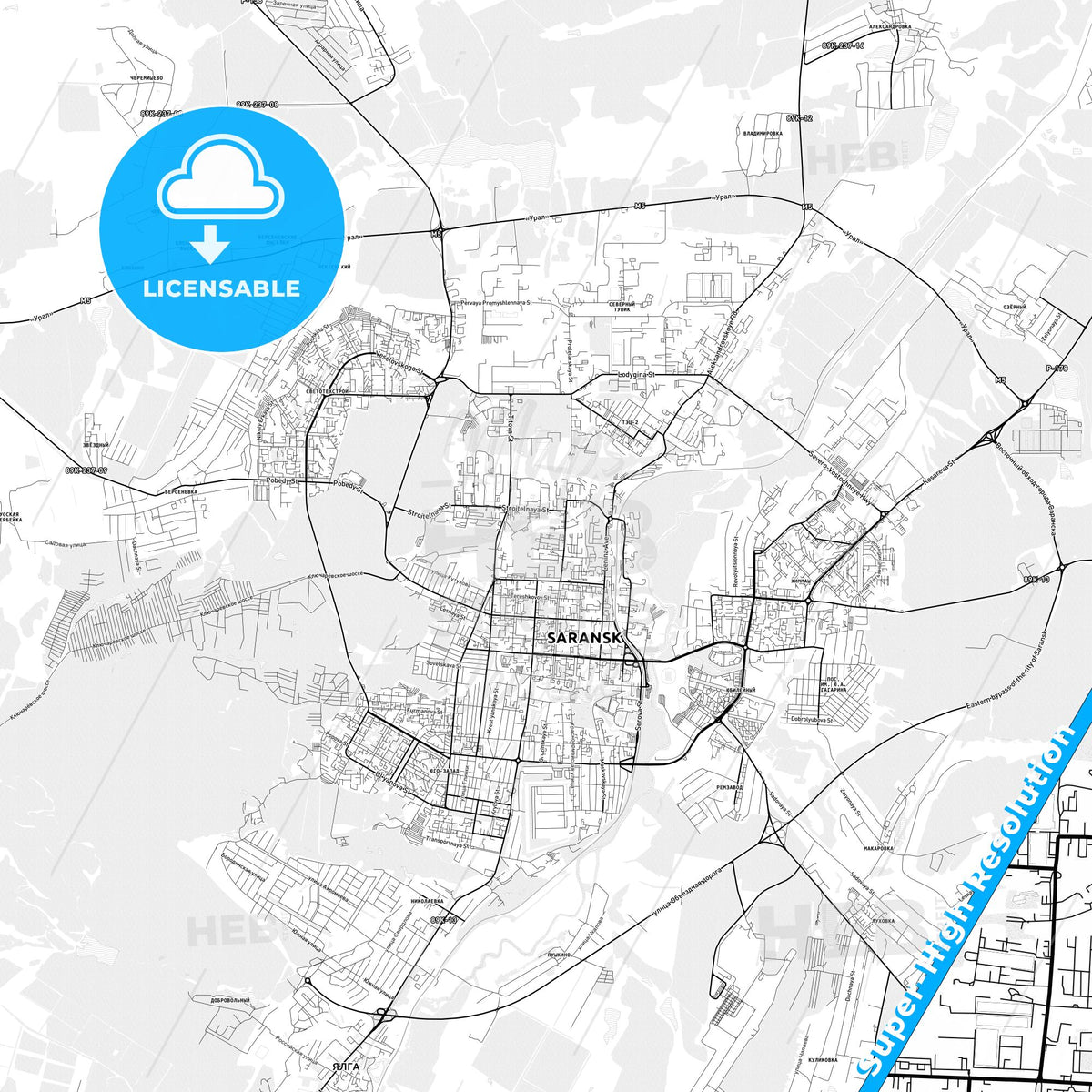 Saransk, Russia light map with streetnames, citynames and districts