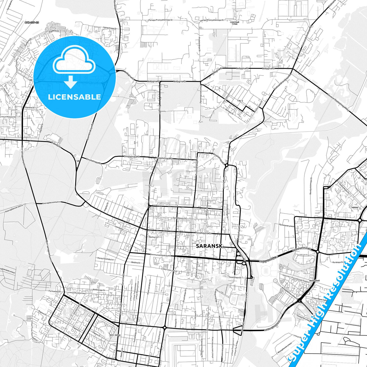 Saransk, Russia Light Map with Street Names, City Names, and Districts