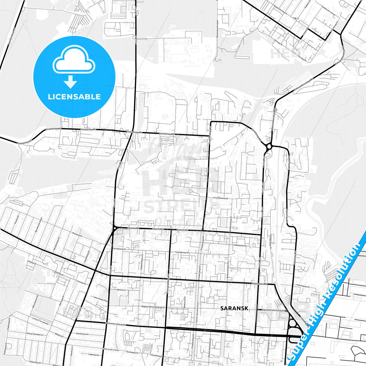 Saransk, Russia Light Map with Street Names, City Names, and Districts