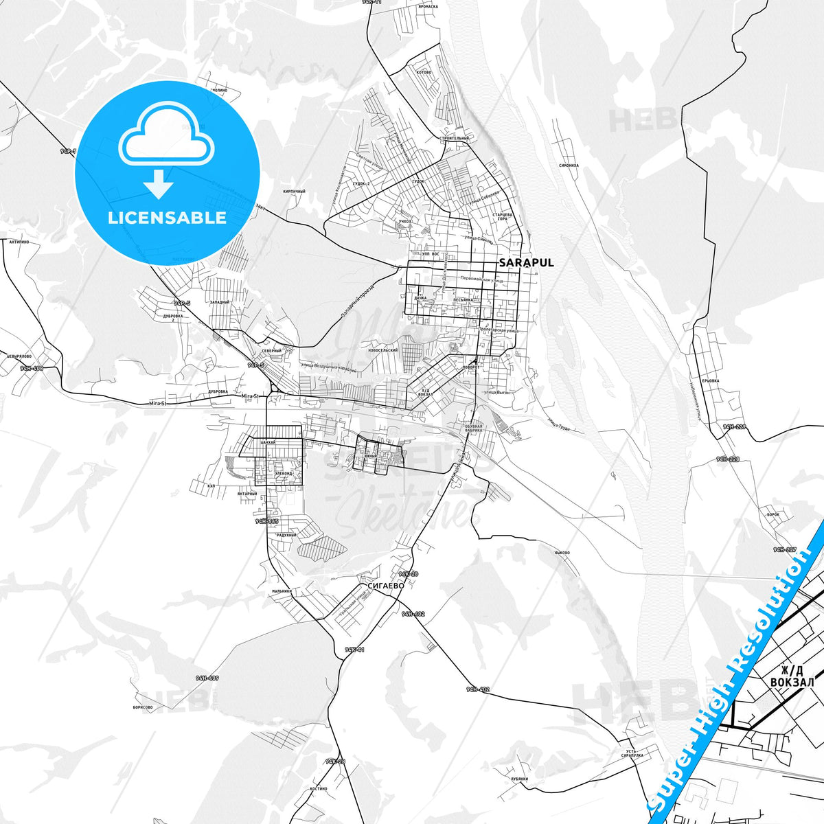 Sarapul, Russia light map with streetnames, citynames and districts