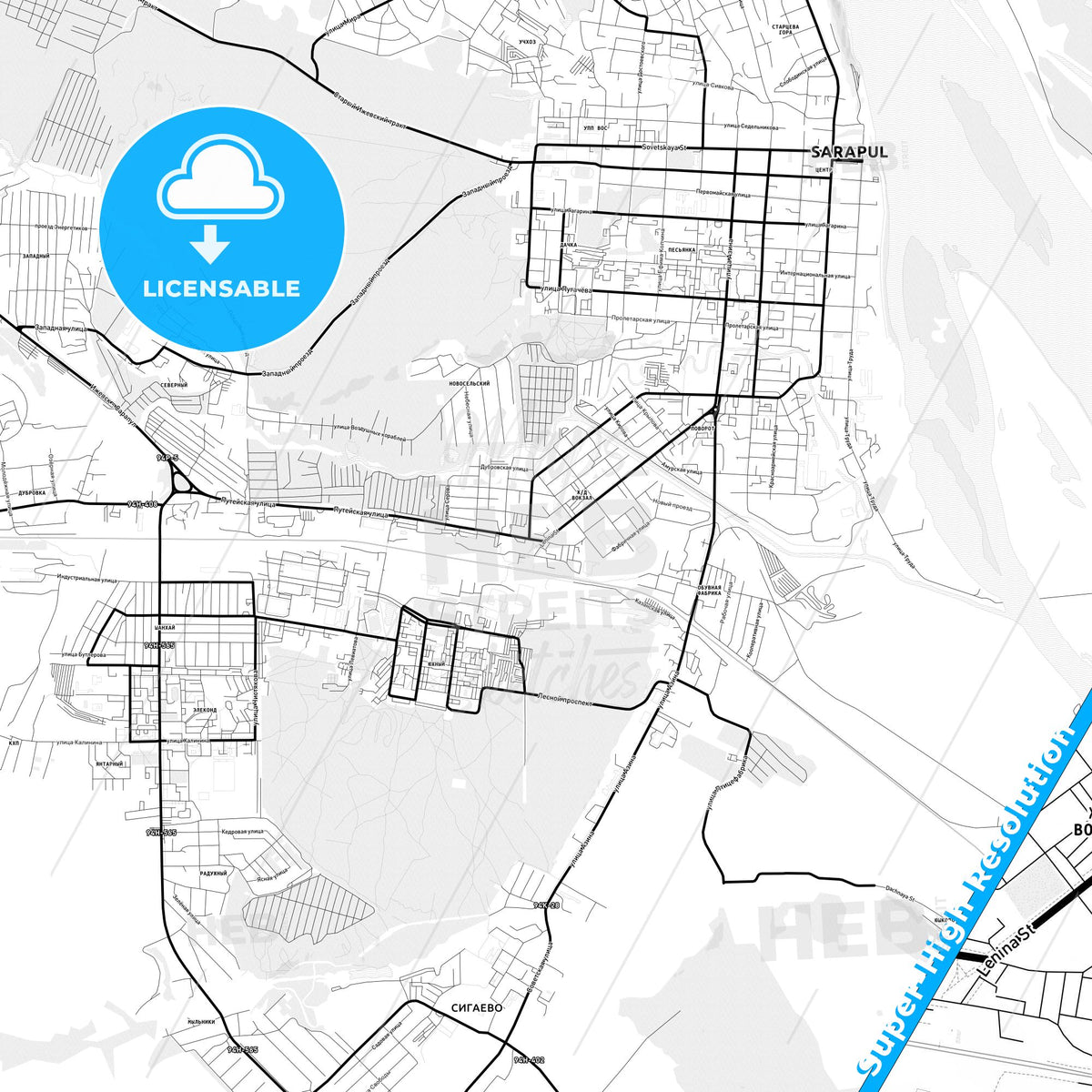 Sarapul, Russia Light Map with Street Names, City Names, and Districts