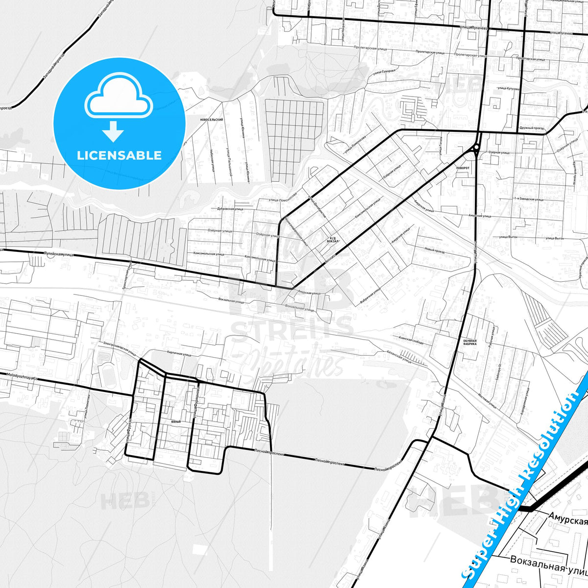 Sarapul, Russia Light Map with Street Names, City Names, and Districts