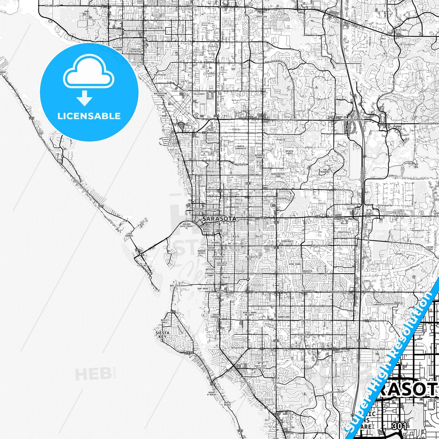 Sarasota, Florida light map with streetnames, citynames and districts