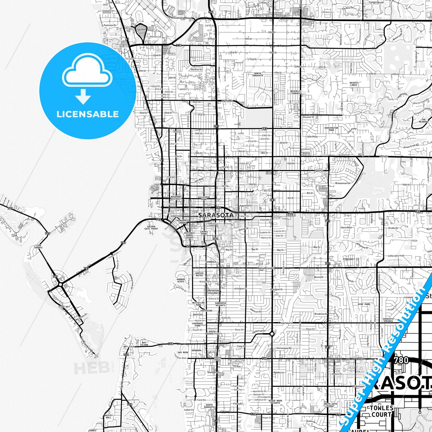Sarasota, Florida Light Map with Street Names, City Names, and Districts