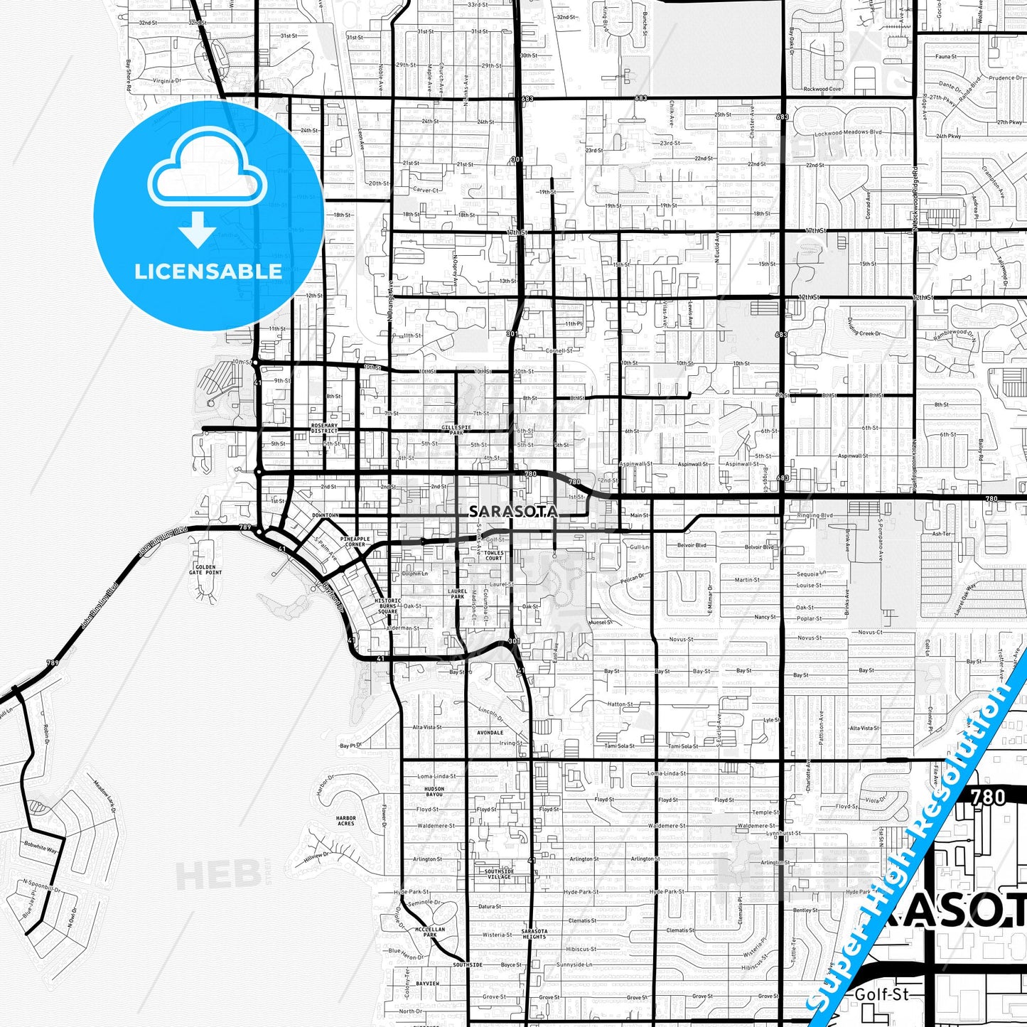 Sarasota, Florida Light Map with Street Names, City Names, and Districts