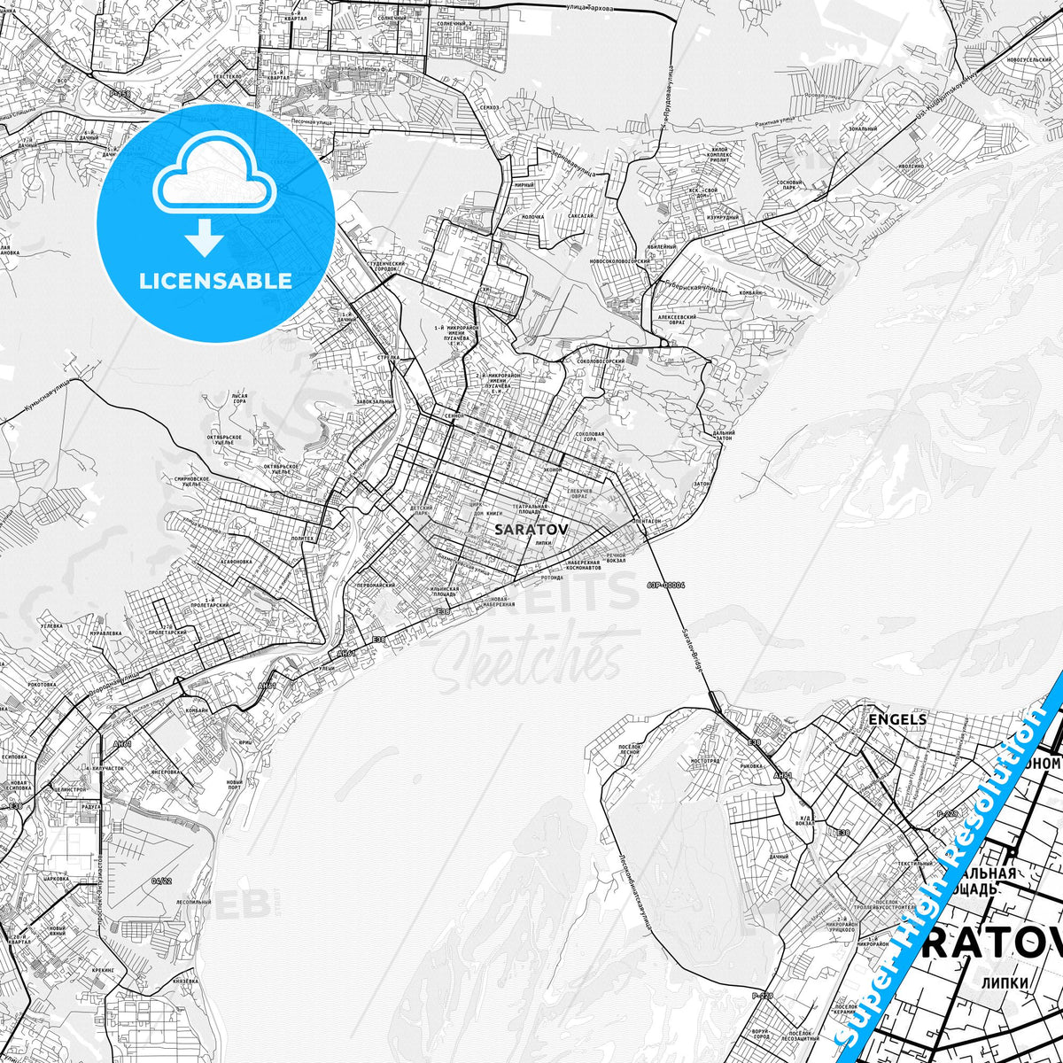 Saratov, Russia light map with streetnames, citynames and districts